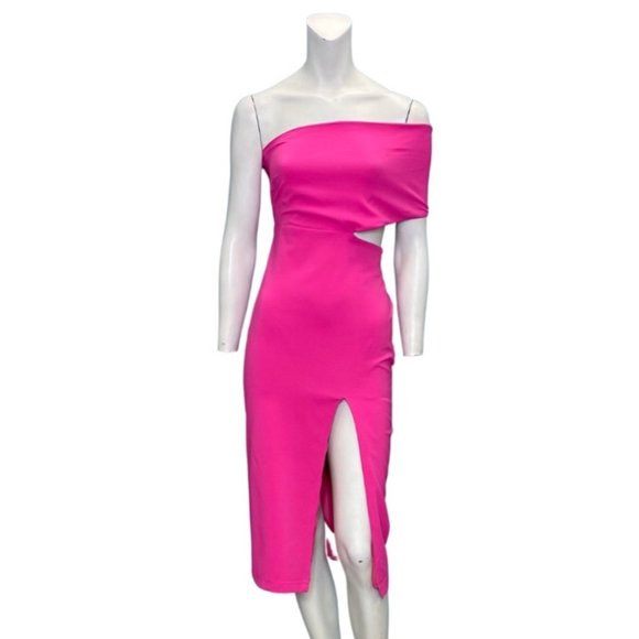 La Pateau One Shoulder High Slit Cocktail Dress Hot Pink Size Large NWT - Picture 2 of 5